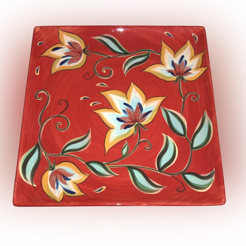 Vintage NIB Southern Living Red Bountiful Floral Platter 13” Square Hand Painted